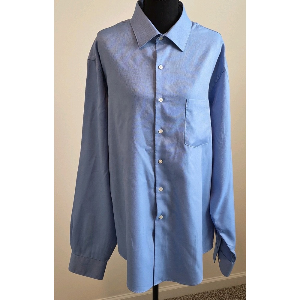 Van Heusen Dress Shirt Mens 17.5 36/37 Blue Solid Fitted Pique Wrinkle Free